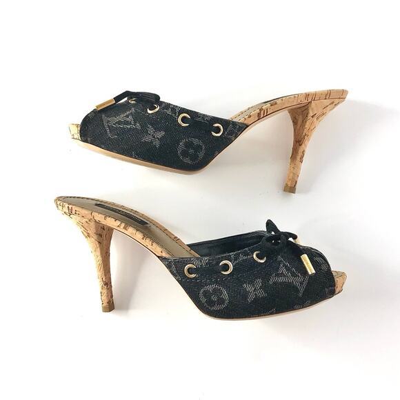 Louis Vuitton Retro Vintage Monogram Bow Denim Slides Mules Sandals 36.5 - Picture 5 of 11